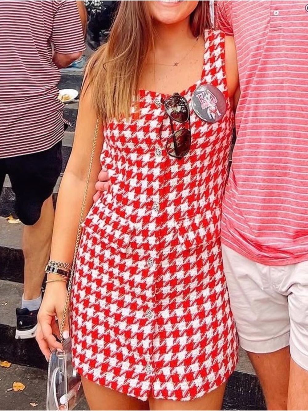 Red & White Houndstooth Sleeveless Mini Dress